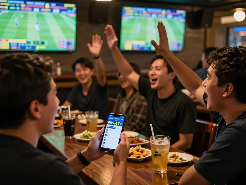 Exciting sports betting action at a bar featuring Nk881 sa com app on smartphone, patrons celebrating a winning bet