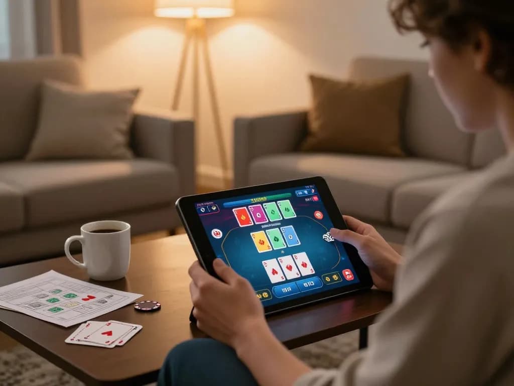 Engaged player enjoying a poker game on 789WIN app on tablet at home.