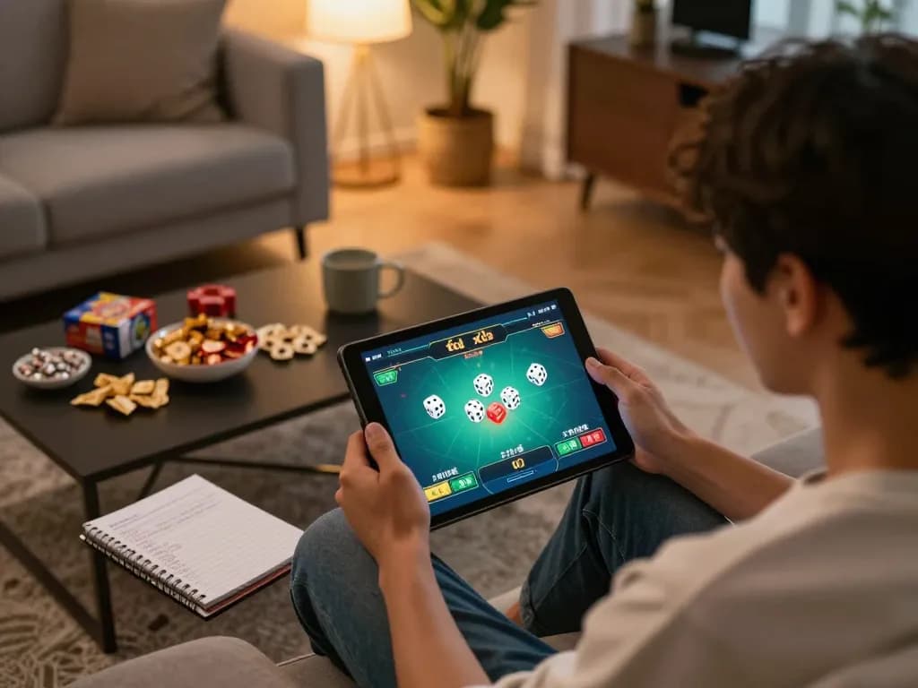 Taking part in tài xỉu online while enjoying a cozy home atmosphere with strategy notes and snacks.