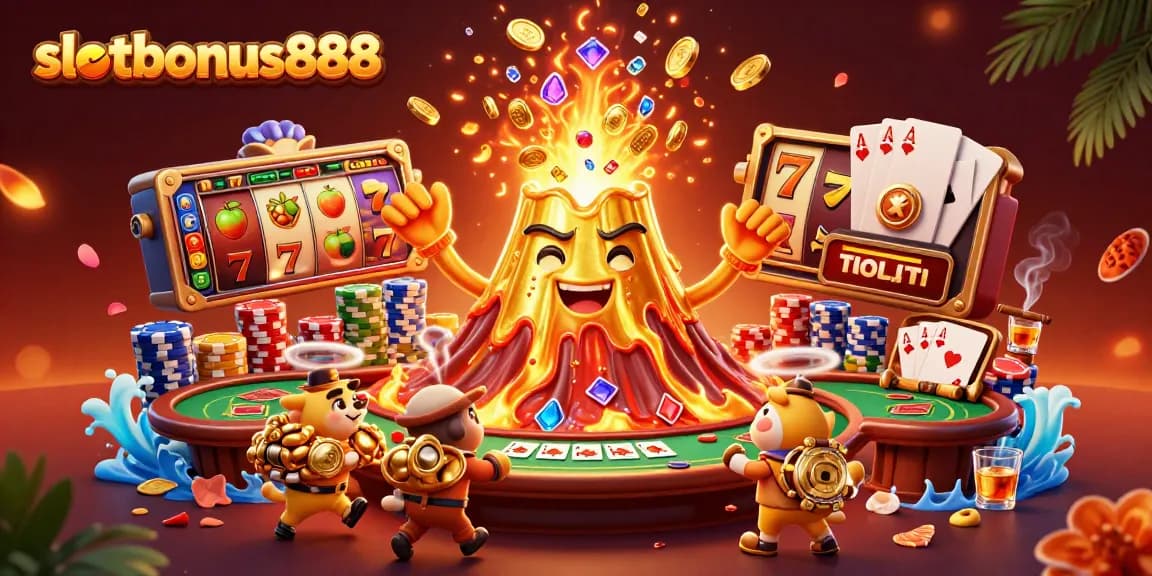 Spin the reels of slotbonus888 with a dynamic scene of a golden volcano and treasure-filled adventures.