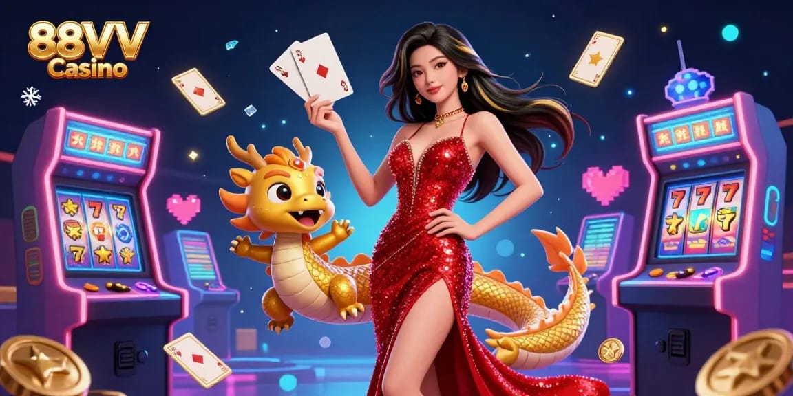 Engage with the excitement of 88VV Casino featuring a stunning character surrounded by floating cards and game elements.