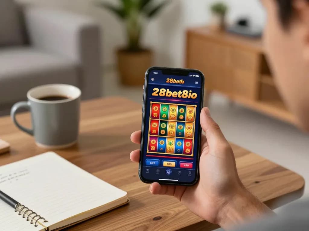 Player interacting with the 28bet8io mobile app while enjoying a cozy home gaming session