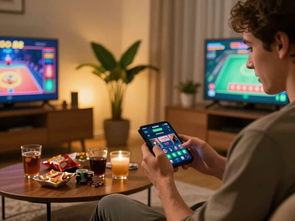 Engaging with the Go88 app for thrilling online gambling in a cozy living room setting.