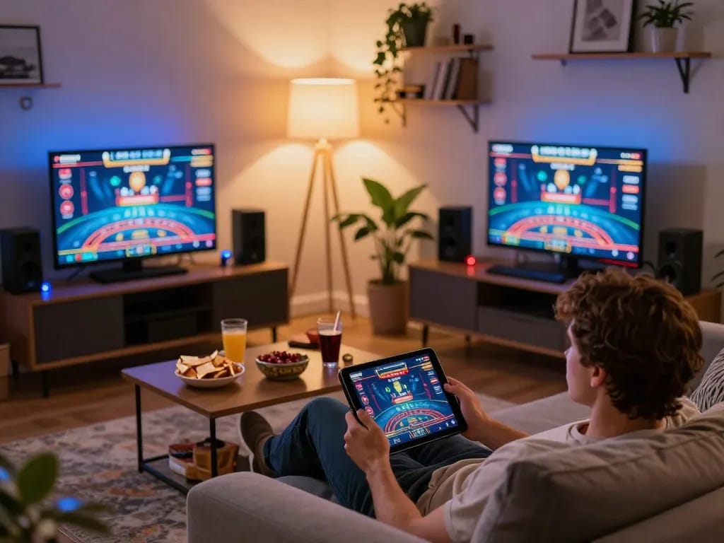 Engaging in online casino gameplay on fb88 from a cozy home setup with tablet and snacks.