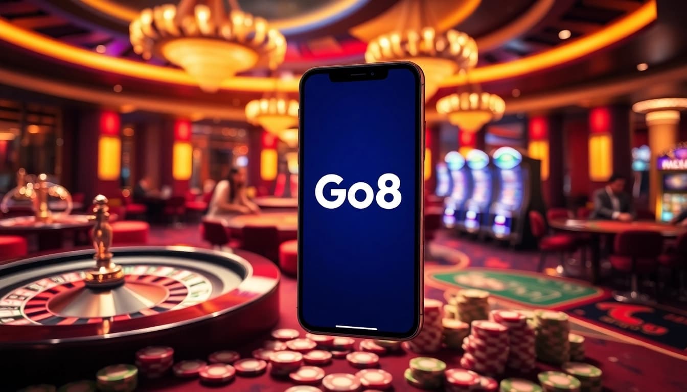 Go8 mobile app showcased in a luxurious casino setting with roulette wheels and high-stakes poker tables.