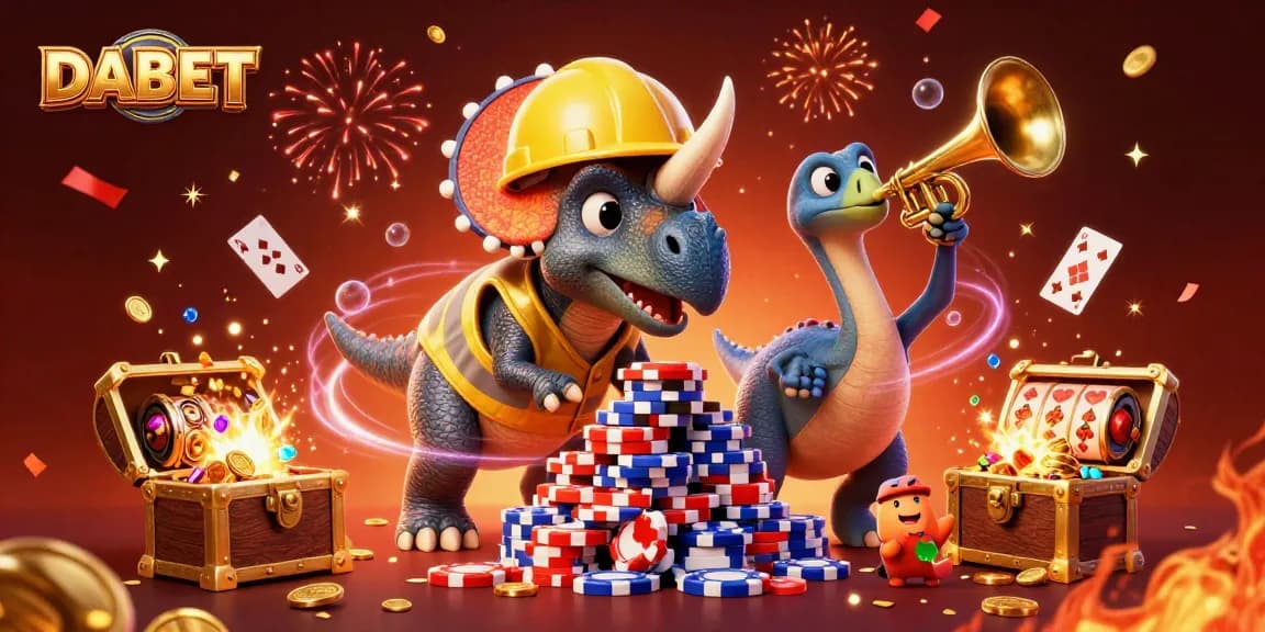 DABET players celebrate a big win with a triceratops and parasaurolophus amidst festive casino symbols.