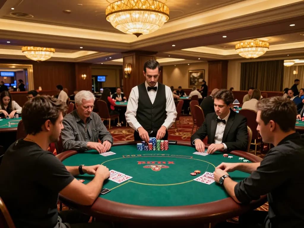 Players strategizing at a sunwingo poker table in an upscale casino during an exciting game night.