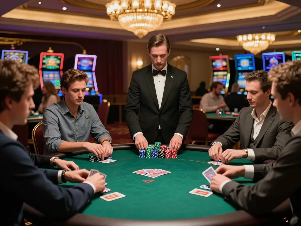 kkbd players strategizing during an intense poker game in a luxurious casino setting