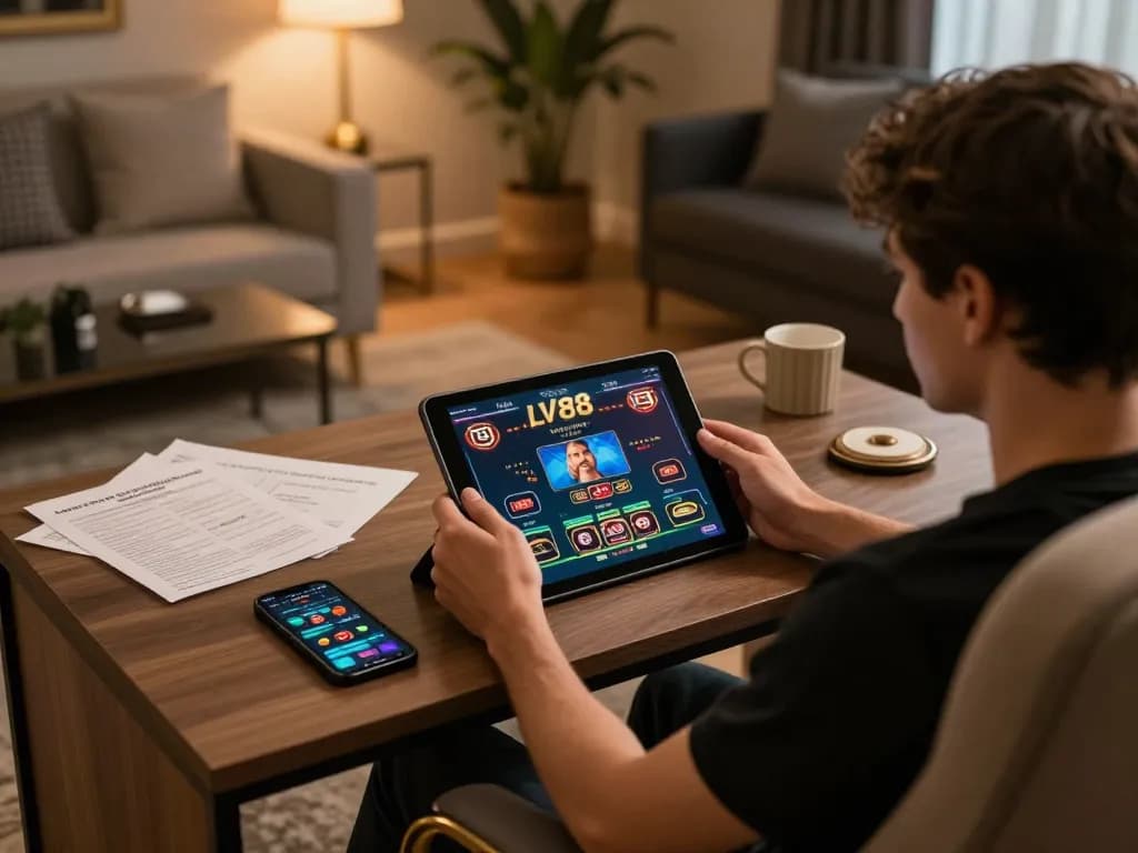 Engaging in live gameplay at LV88 online casino, showcasing a player on a tablet.
