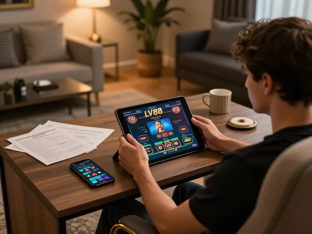 Engaging in live gameplay at LV88 online casino, showcasing a player on a tablet.