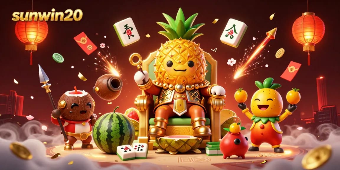 Engage in spectacular games at sunwin20, highlighting casino excitement with a golden pineapple king and vibrant elements.