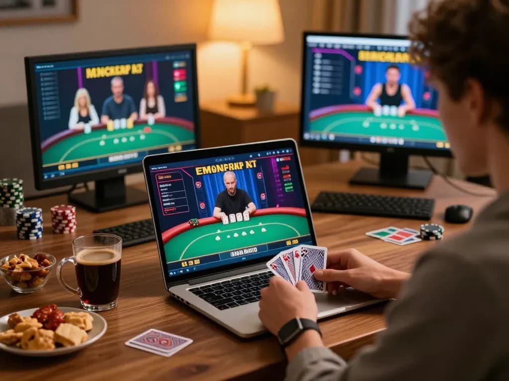 Engaging gameplay at vu88 online casino, showcasing intense poker action on laptop.