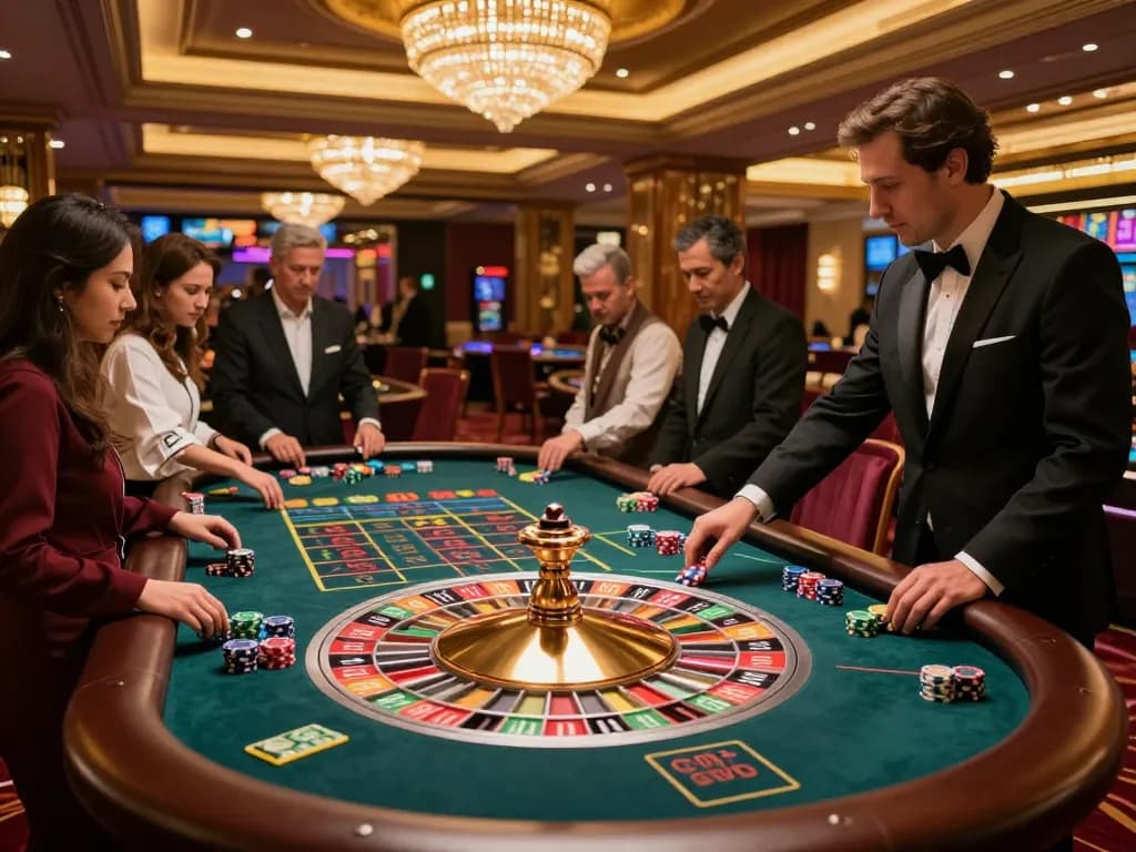 Players engaged in a thrilling roulette game at Tin88 casino, showcasing vibrant atmosphere and excitement.