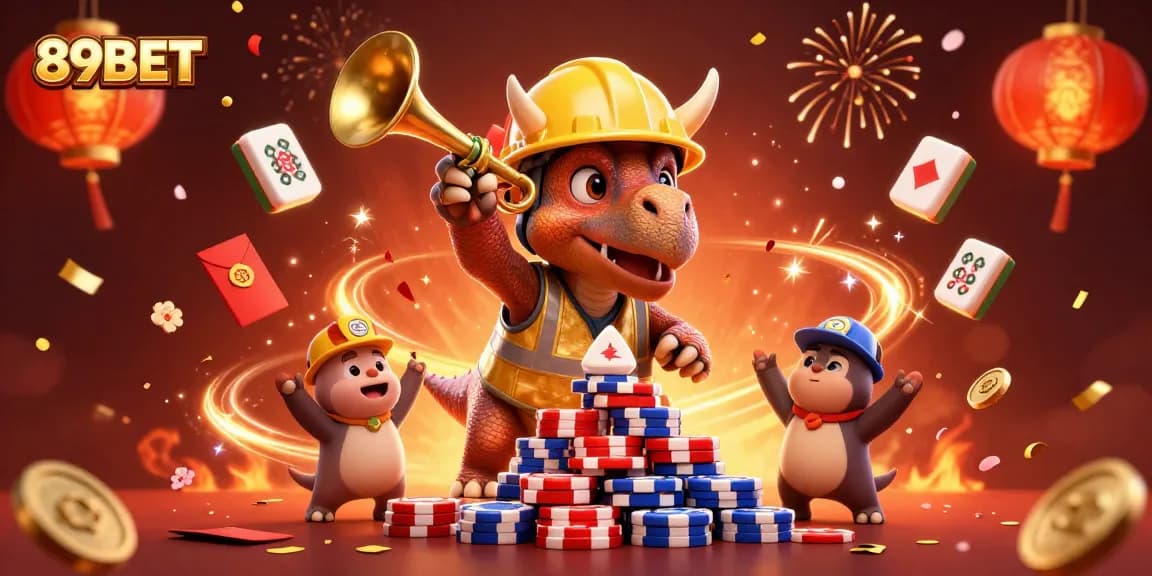 Engage with thrilling 89BET gaming action in a vibrant, festive online casino celebration scene.