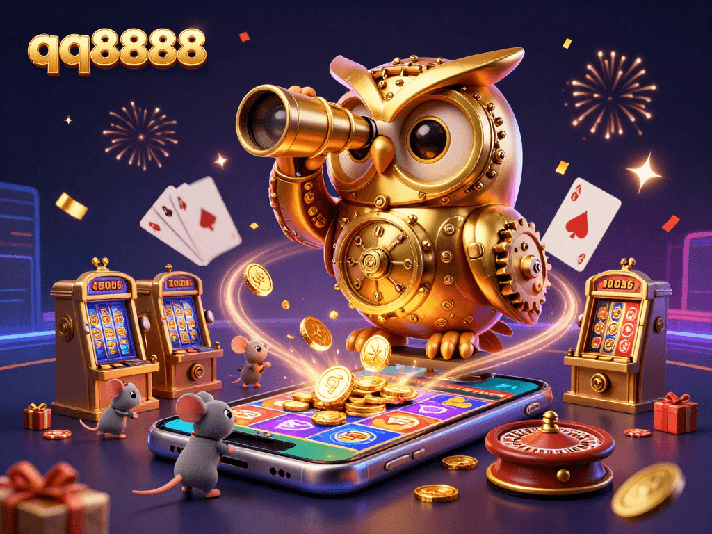 Engage in thrilling actions with qq8888 at a vibrant casino scene featuring a clockwork owl and vibrant gaming elements.