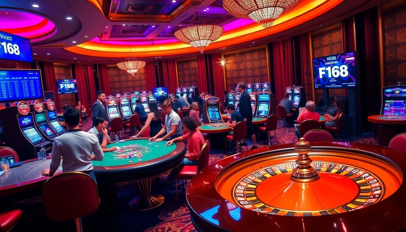 Players enjoying an exciting F168 gambling experience at a luxury casino table.