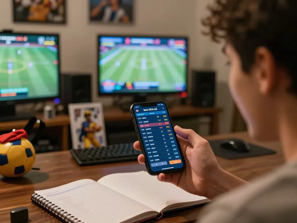 The excitement of engaging with keo nha cai betting odds on a smartphone during a sports event, fostering responsible gaming.