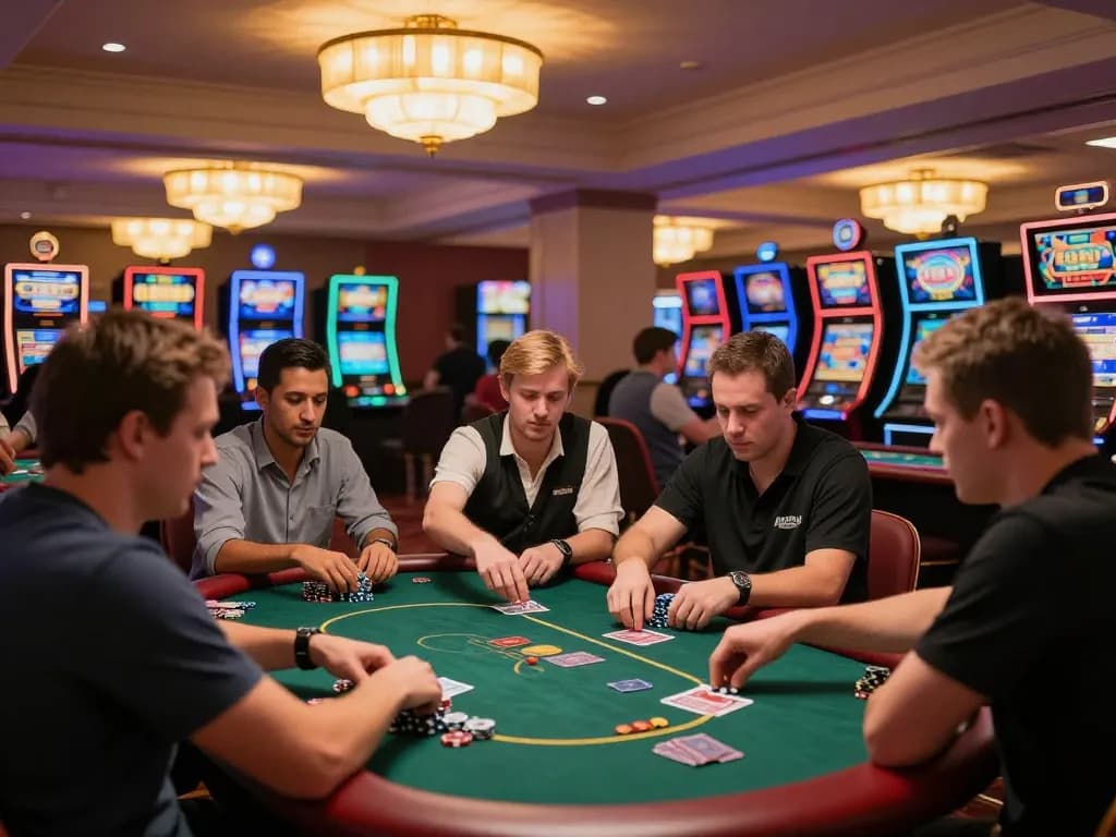 Players enjoying a lively poker game at OPEN88, showcasing chips and cards in action within a vibrant casino atmosphere.