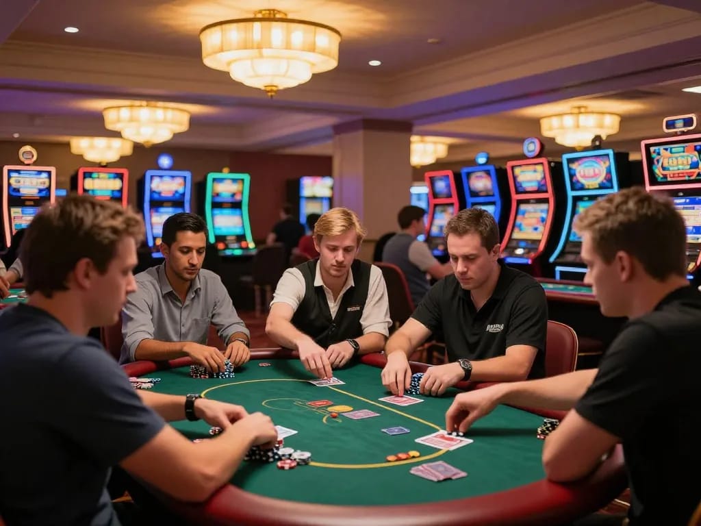 Players enjoying a lively poker game at OPEN88, showcasing chips and cards in action within a vibrant casino atmosphere.
