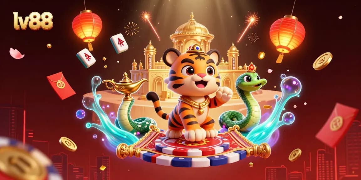 Experience thrilling gaming at lv88 with a vibrant Arabian Nights casino scene featuring a tiger sultan and magical elements.