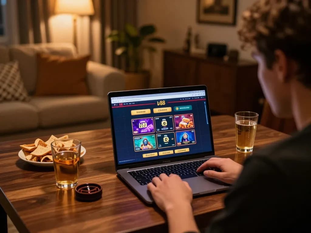 Engaged player enjoying the lv88 casino experience on a laptop with vibrant game interface.