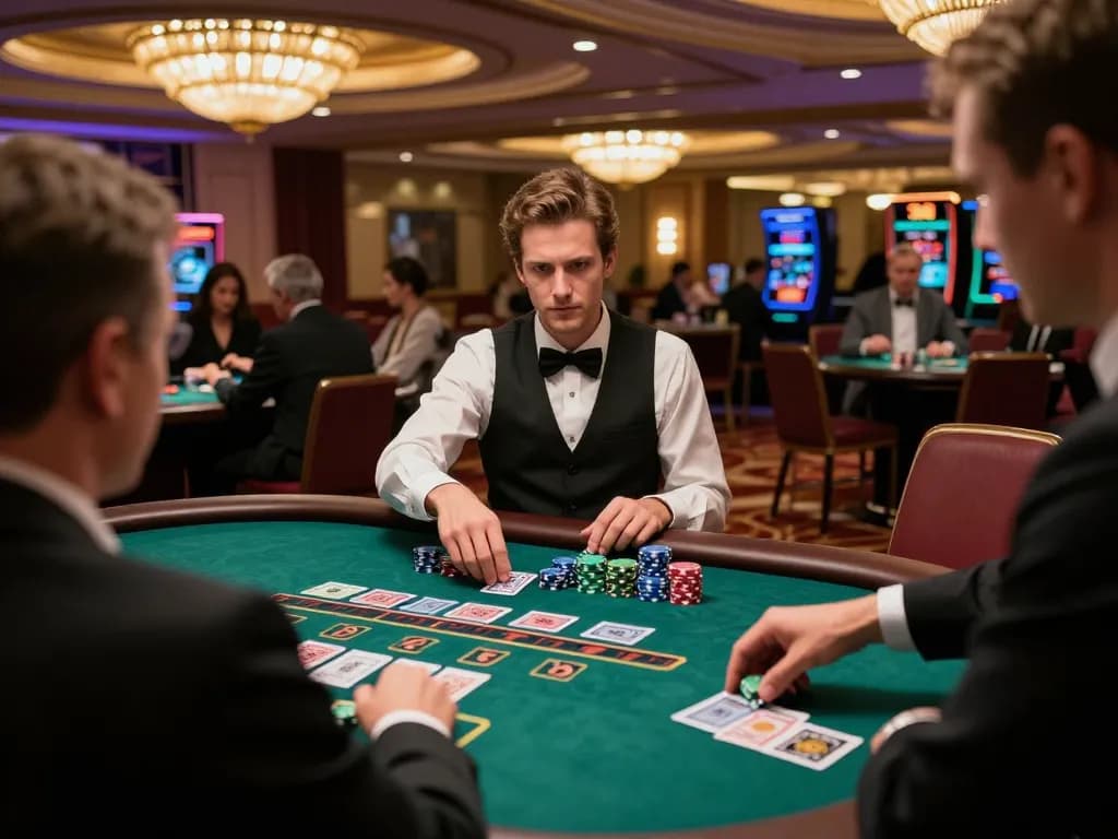 Players engaged in intense blackjack game at https://fa88.team/, showcasing strategic betting movements and dealer interactions.