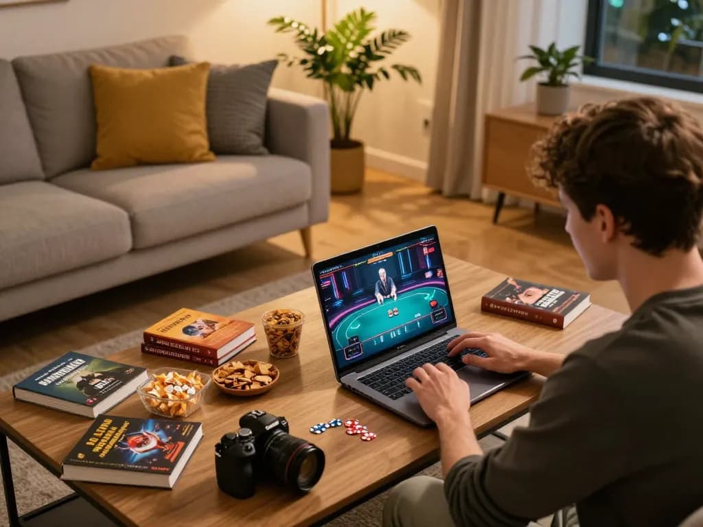 N188 player engaged in online poker game at a cozy home setup with snacks and strategy books.