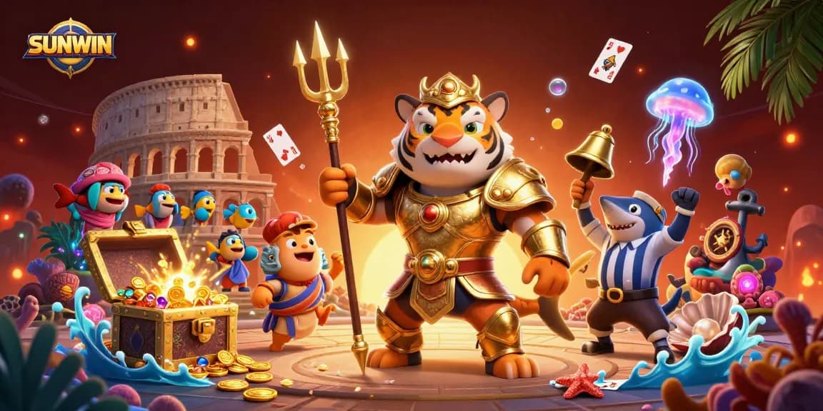 SUNWIN showcases thrilling underwater casino action with a golden tiger shark championing fun and fortune.
