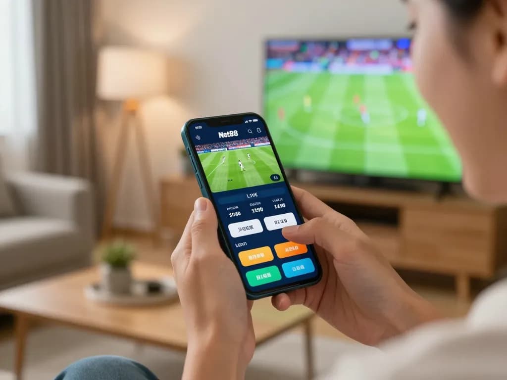 Betting on live sports with Net88 app on smartphone shows excitement.