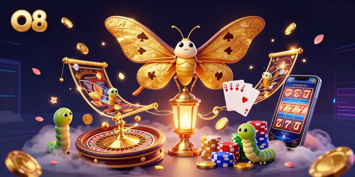 Experience the vibrant casino world with O8, featuring golden wings and rich gaming elements.