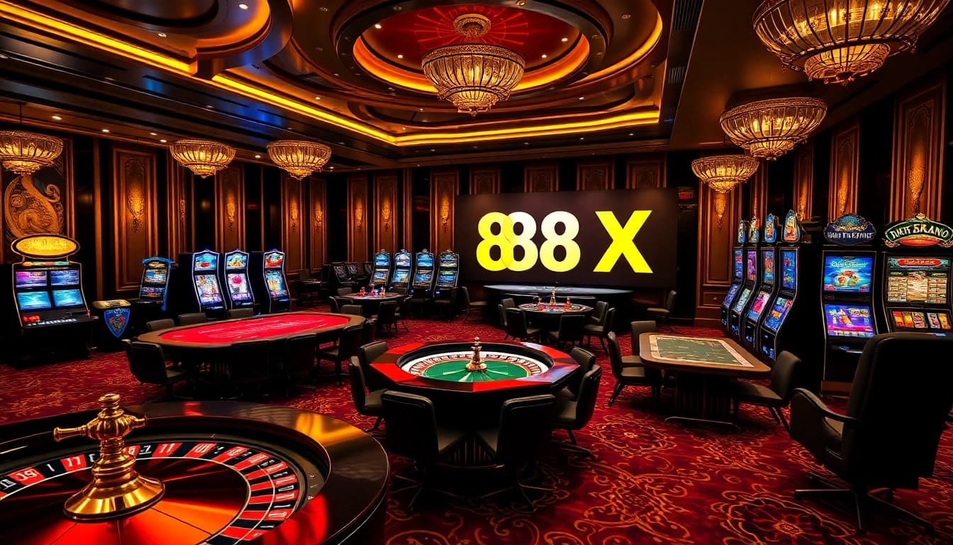 Engaging casino atmosphere with players enjoying 88XX online gambling games, highlighting excitement and luxury.