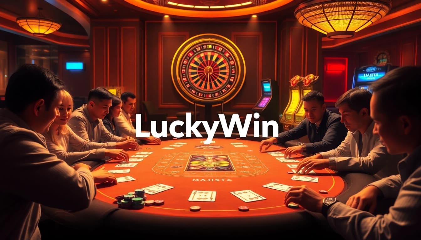 Experience the thrill of LuckyWin with vibrant casino tables, poker chips, and glowing slot machines.