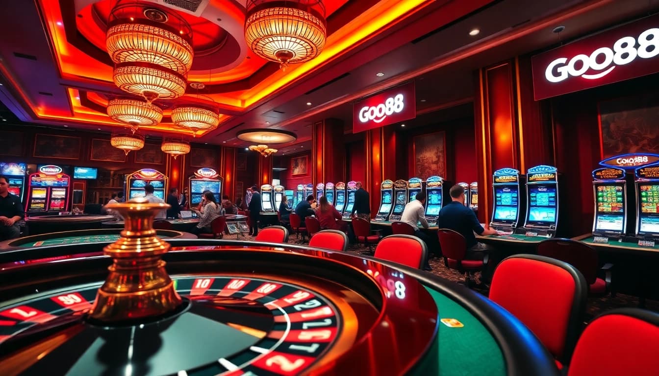 Exciting scene at Good88 casino with roulette, poker, and slots.