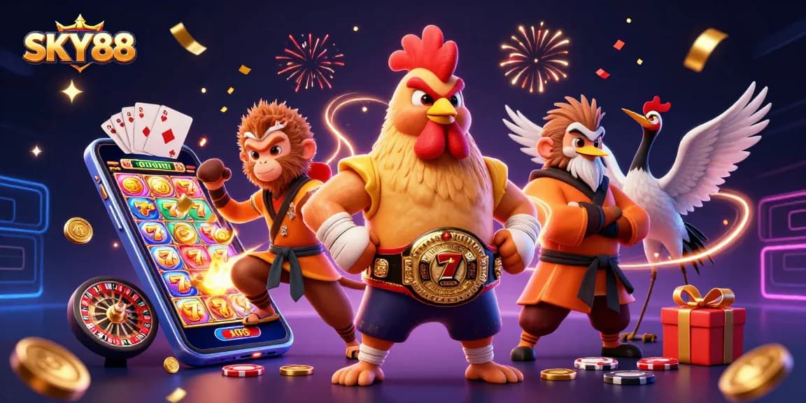Win big with SKY88 in this vibrant, dynamic 3D casino illustration showcasing exciting games and characters.