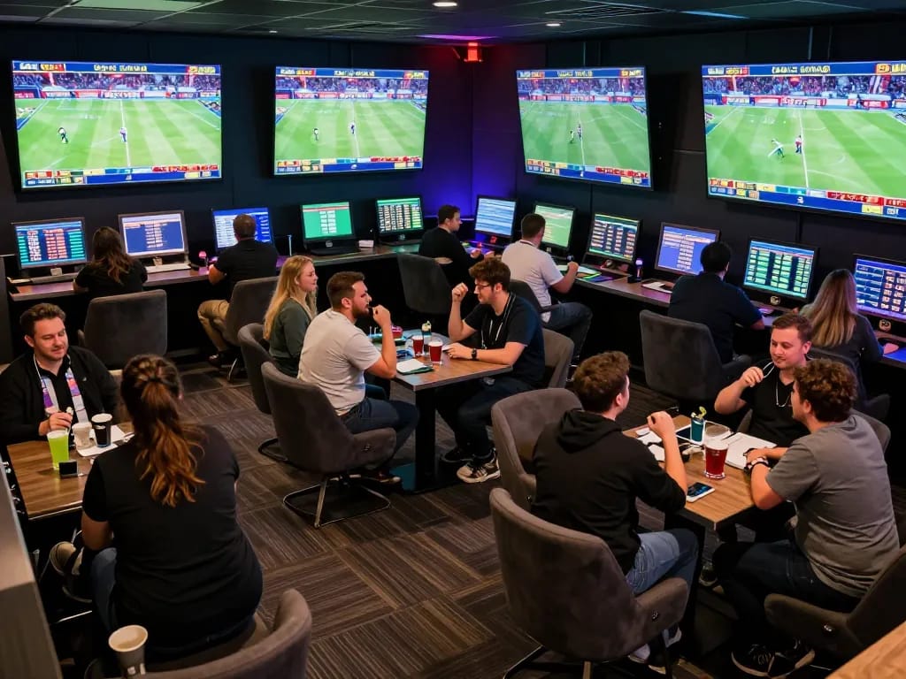 Excited bettors placing wagers at live sports events with uk88 branding in a lively lounge