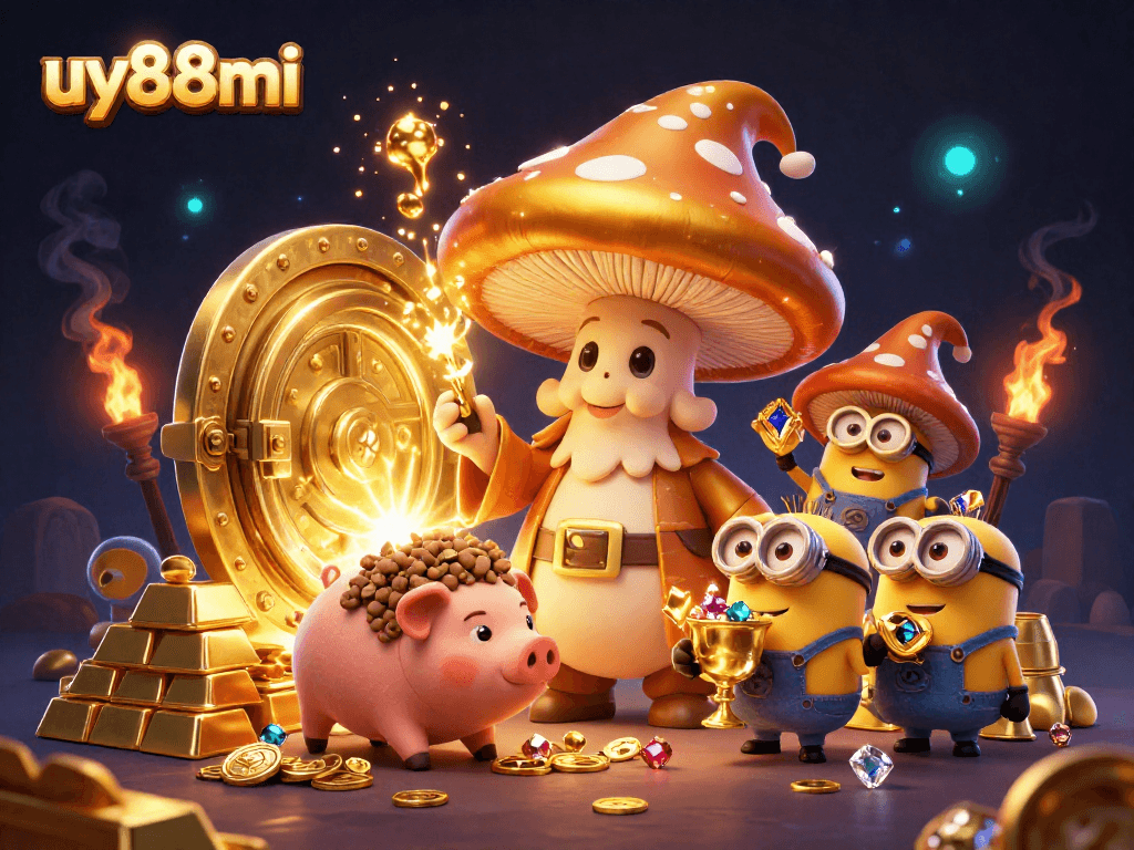 Discover enchanting treasures with uy88mi in this vibrant casino scene featuring magical characters and gold.