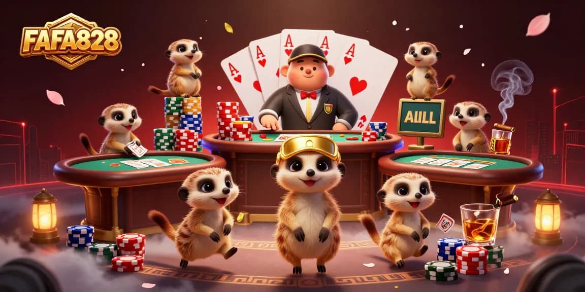 FAFA828 meerkats running a vibrant casino operation filled with poker elements and intricate details.