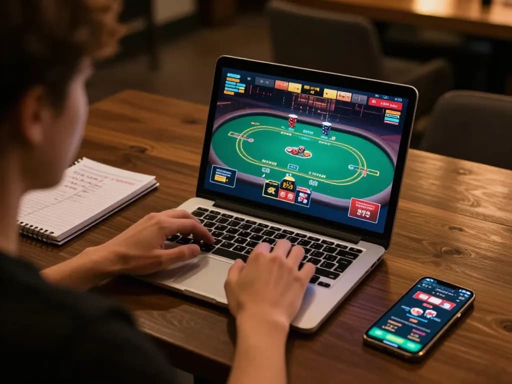 Player immersed in nk 88 online casino action on laptop, surrounded by strategic notes and mobile app
