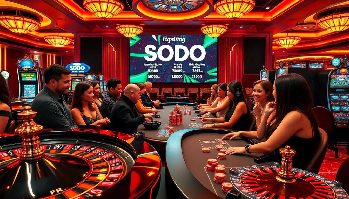 SODO Casino being played on a vibrant casino floor with poker tables and slot machines.