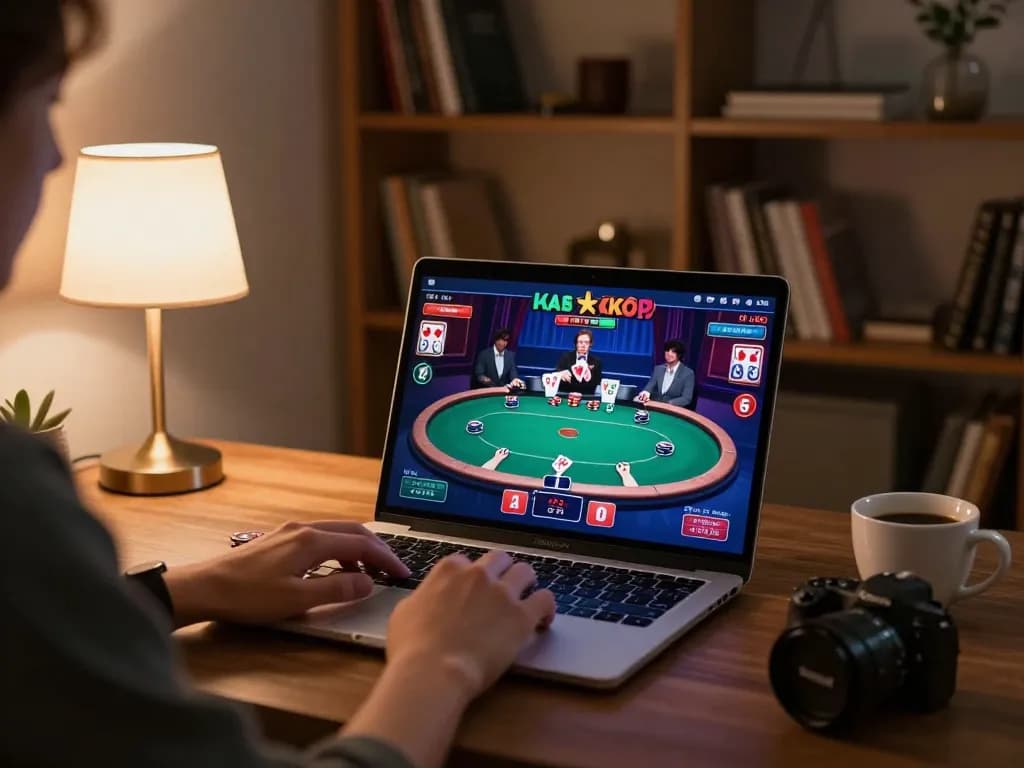 Engaged in strategic online gambling on ALO8 ME with vibrant poker game displayed on laptop.