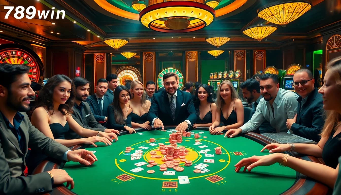 Engaged players strategizing at a poker table in 789win's luxurious casino environment.