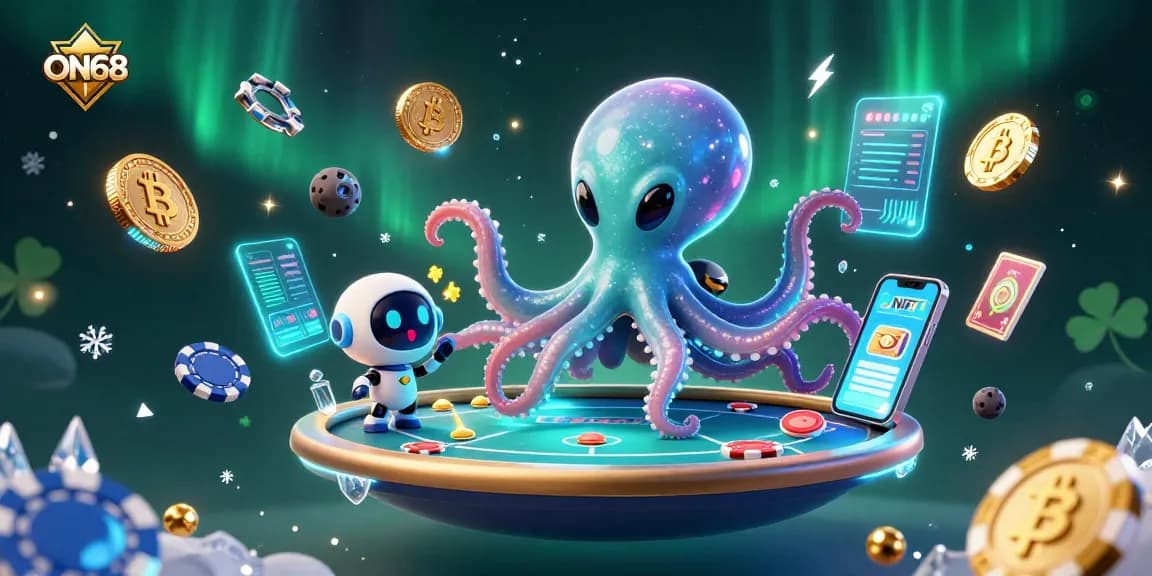 Play poker among asteroids with ON68's vibrant alien octopus and robot companion at a unique cosmic table.