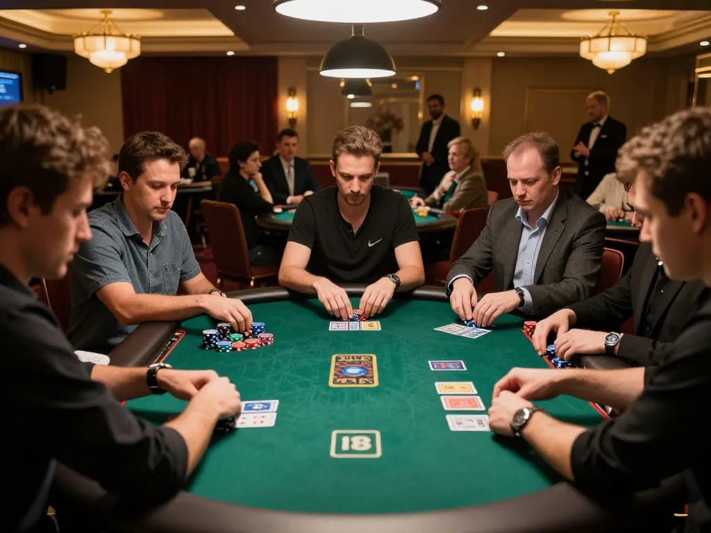 79KING players strategizing their poker hands at a high-stakes table in a luxurious casino.