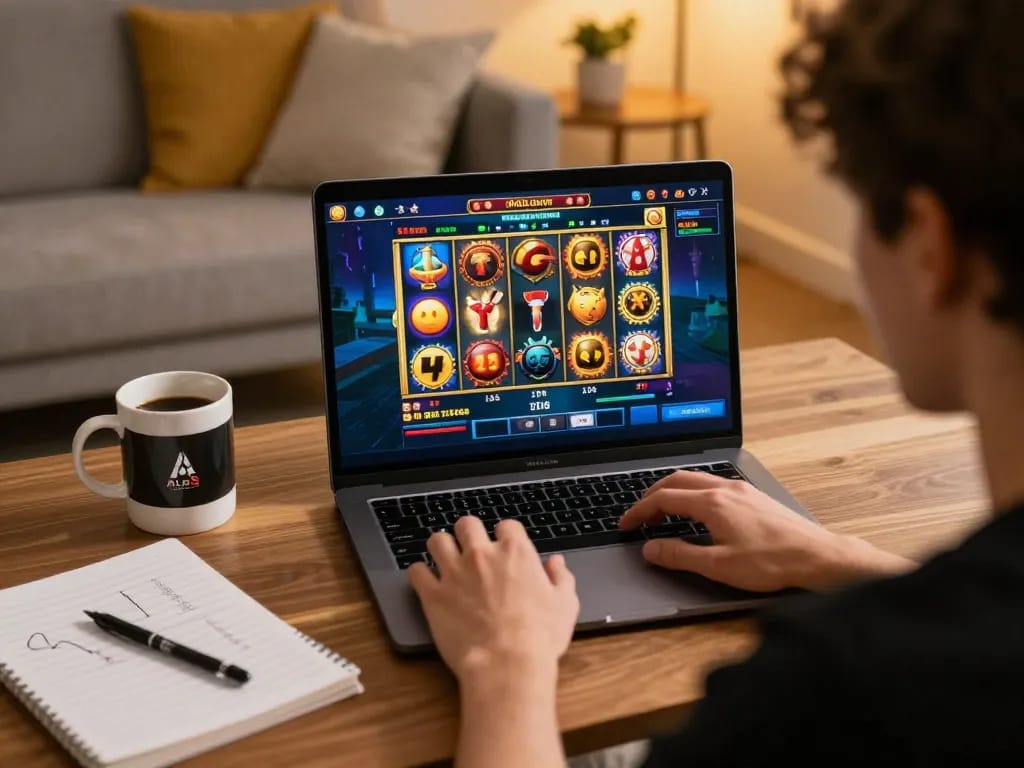 Player immersed in winning strategies at ALO8 STUDIO's online slot games in a cozy setting.