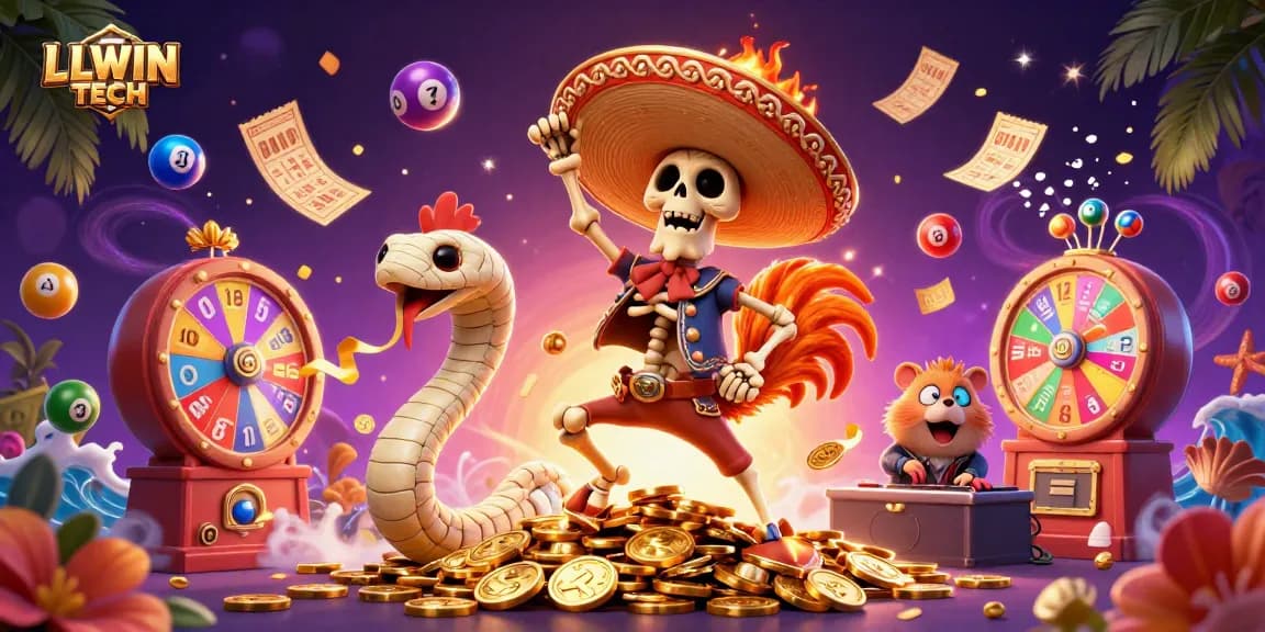 Win at LLWIN TECH: Celebrate with a lively carnival scene featuring characters and vibrant lottery elements.