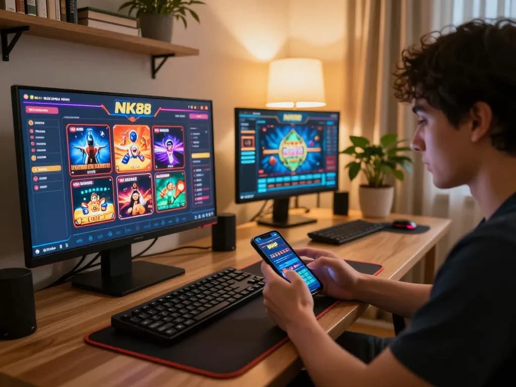 Player enjoying NK88 mobile app for exciting online gambling experience at home