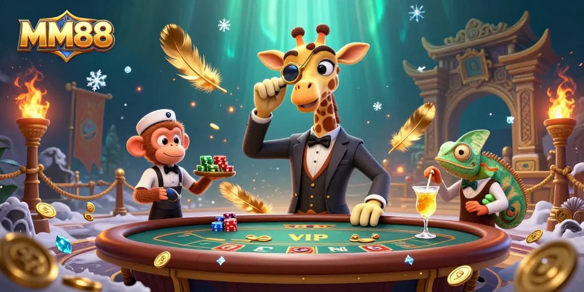 Experience the excitement of MM88 with a high-roller giraffe at a VIP poker table, surrounded by casino elements.