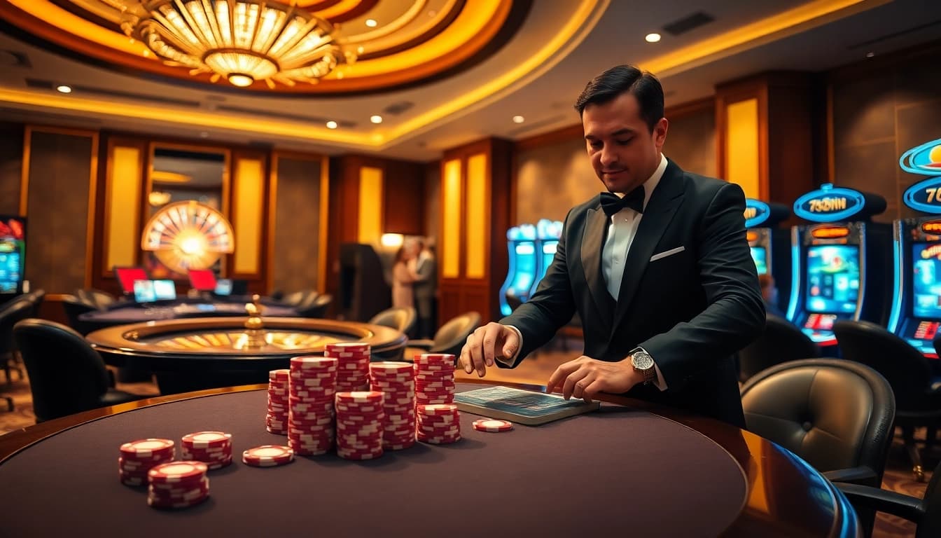 Experience a thrilling night at 789Win with vibrant casino visuals featuring poker chips and tables.