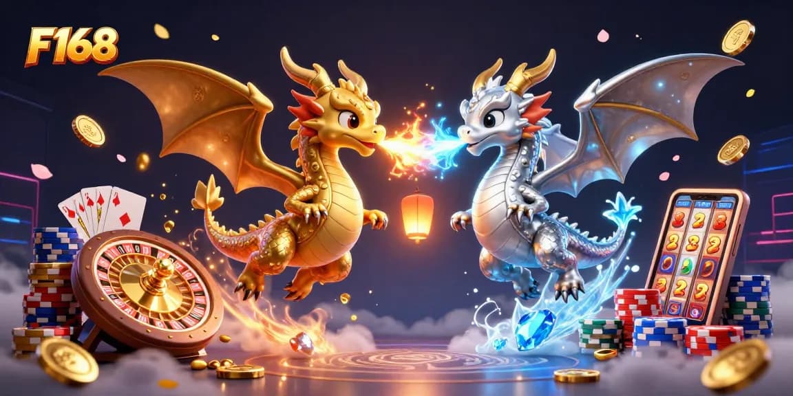 Join the excitement at F168 with dynamic dragons, gaming elements, and vibrant casino visuals
