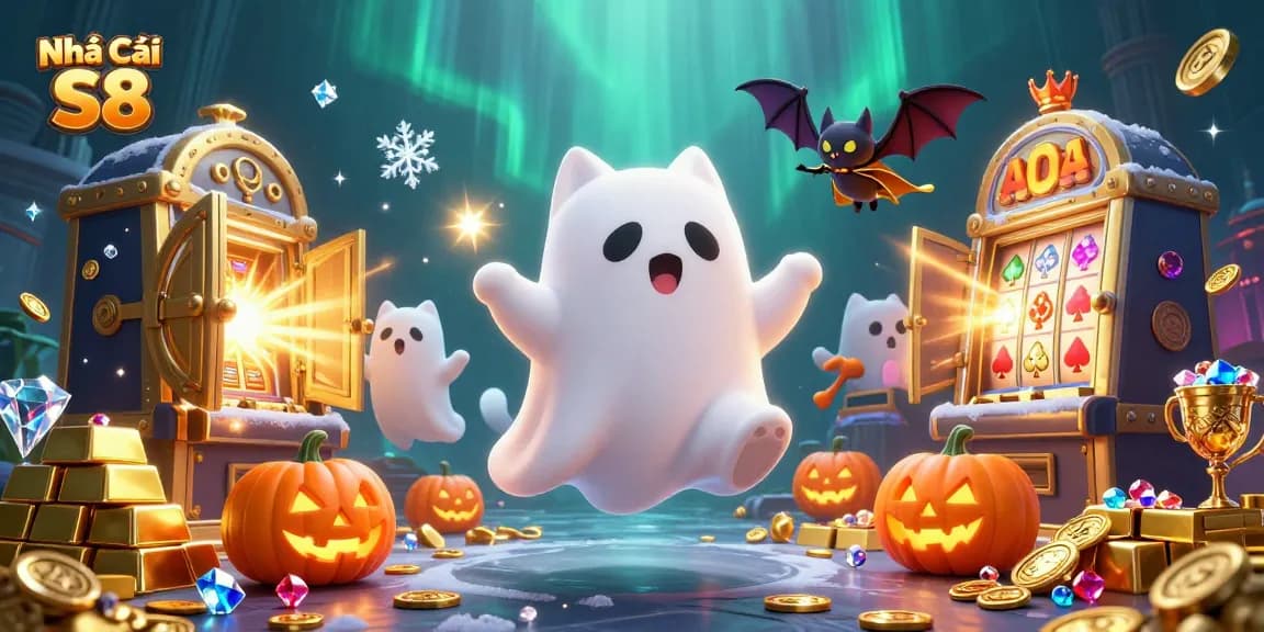 Engage with Nhà Cái S8 through a captivating illustration of a ghost cat in a haunted casino.